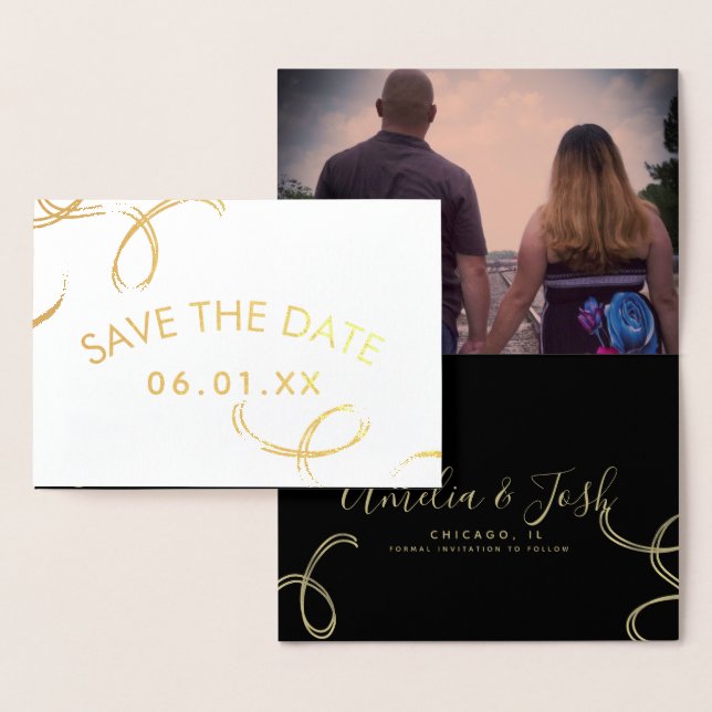 Script Save the Date Photo Faux Swirl  Black Gold  Foil Card (Display)