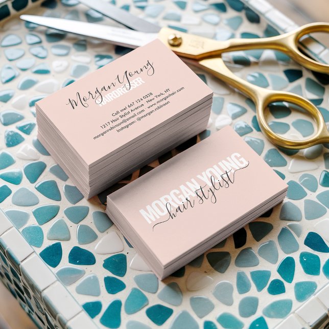 Script signature modern blush pink hair stylist business card (Script signature modern blush pink hair stylist)