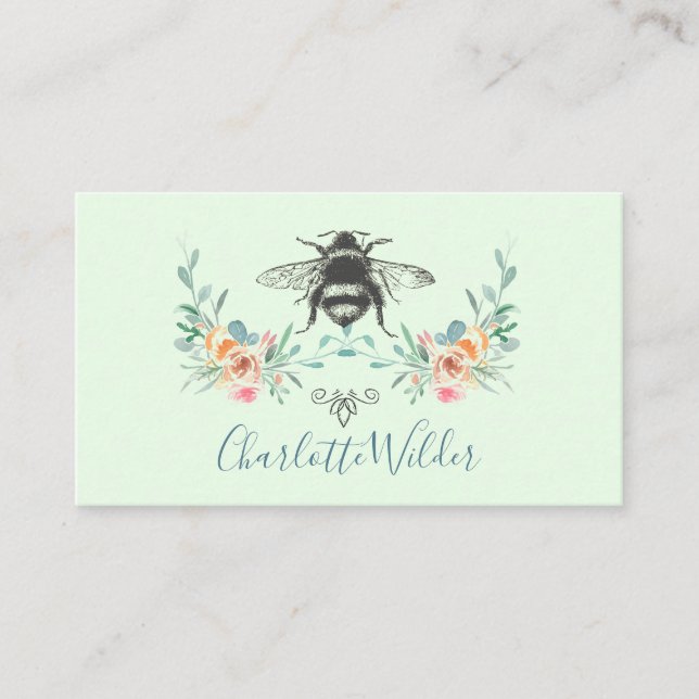 Script Signature Personalised Bee Floral Green Calling Card (Front)