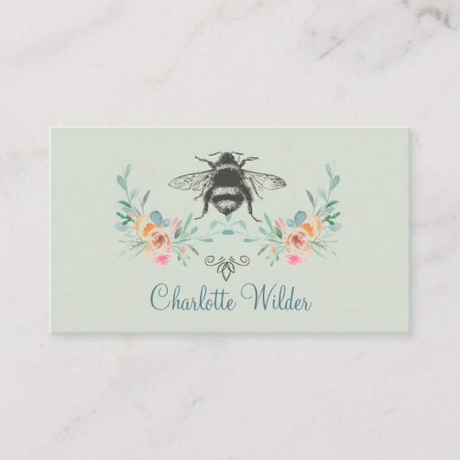 Script Signature Personalised Bee Floral Green Calling Card (Front)