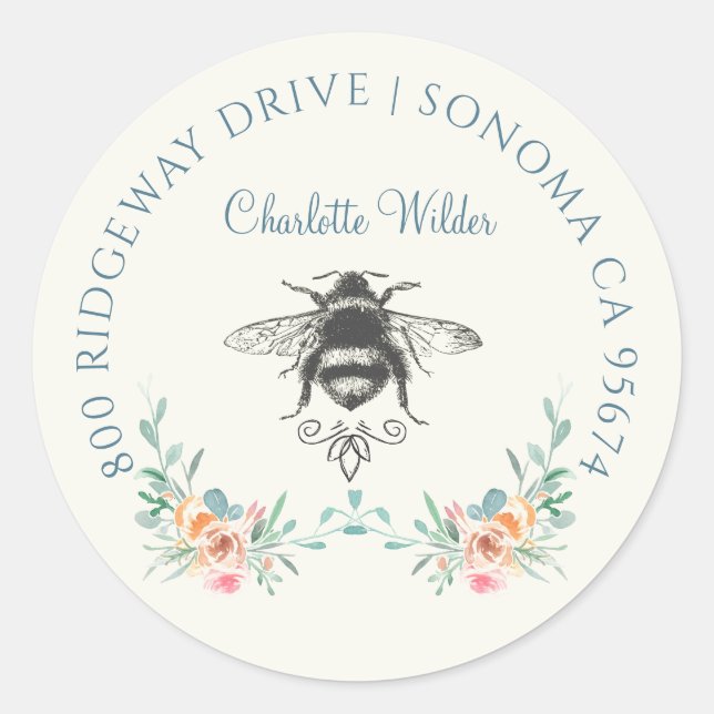 Script Signature Personalized Bee Floral  Classic Round Sticker (Front)