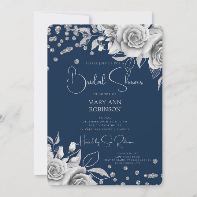 Script Silver Floral Glitter Bridal Shower Navy  Invitation (Front)
