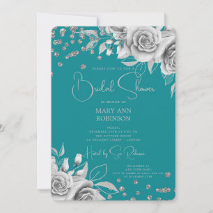 Script Silver Floral Glitter Bridal Shower Teal  Invitation