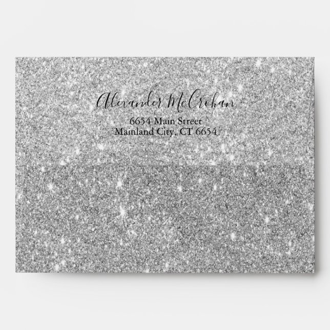 Script Silver Glitte Return Address Mailing Envelope (Back (Top Flap))
