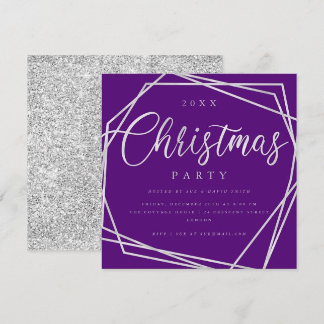 Script Silver Purple Glitter Christmas Party Invitation (Front/Back)