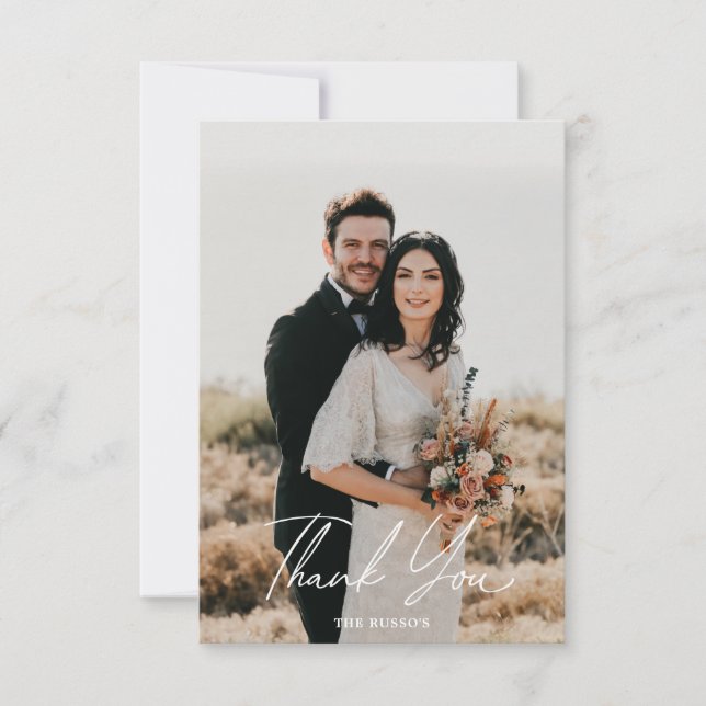 Script Simple Photo Wedding Thank You Card W Note (Front)