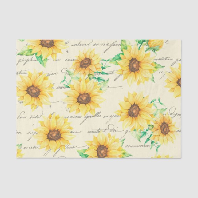 Script Sunflowers Vintage Floral Decoupage Tissue Paper (Front)
