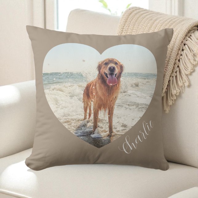 Script Taupe Pet Heart Photo Personalised Dog Cushion (Script Taupe Pet Heart Photo Personalized Dog Throw Pillow)
