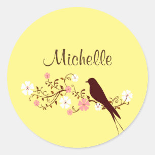 Script template with pretty bird detailed flourish classic round sticker