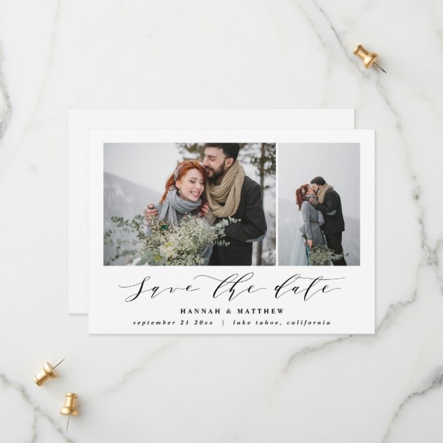 Script text photo elegant modern wedding save the date (Front/Back In Situ)
