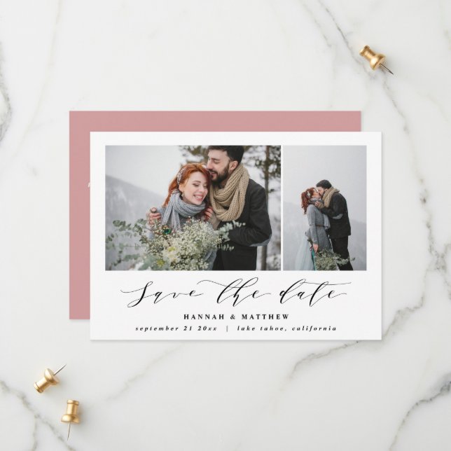 Script text photo elegant modern wedding save the date (Front/Back In Situ)