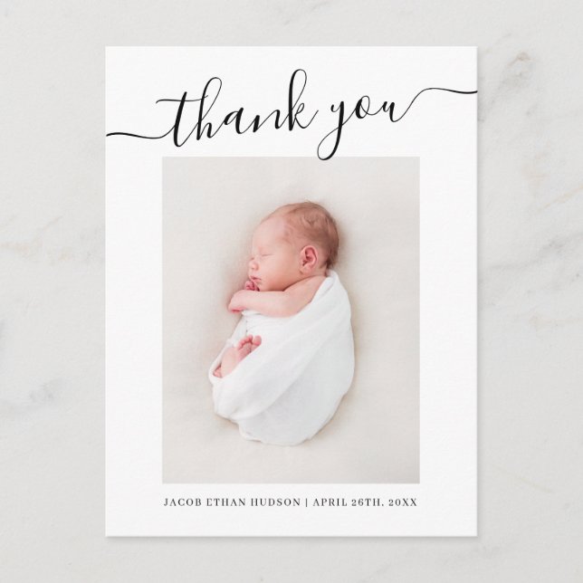 Script Thank you Photo Overlay Baby Birth Announce Announcement Postcard (Front)