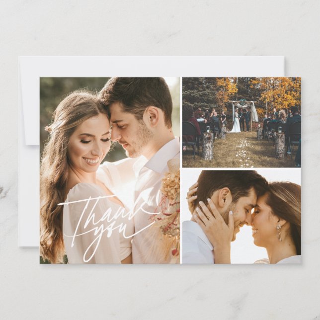 Script Three Photo Collage Wedding Thank You Card (Front)