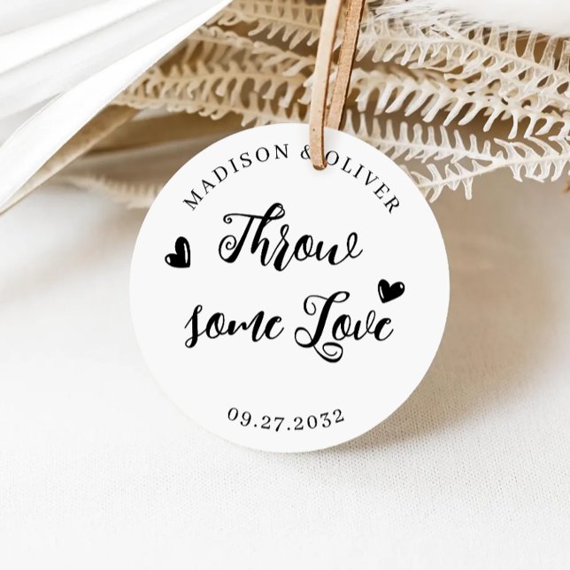 Script Throw Some Love Confetti Wedding Favour Classic Round Sticker (Creator Uploaded)