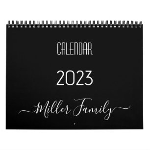 Script Typography Family Name Black & White 2023  Calendar