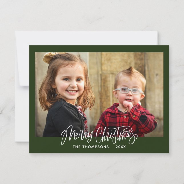 Script Typography Green Photo Merry Christmas  Holiday Card (Front)