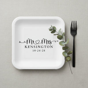 Script Typography Personalised Mr Mrs Wedding Paper Plate