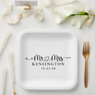Script Typography Personalised Mr Mrs Wedding Paper Plate