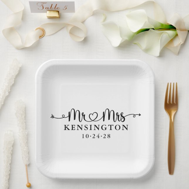 Script Typography Personalised Mr Mrs Wedding Paper Plate (Wedding)