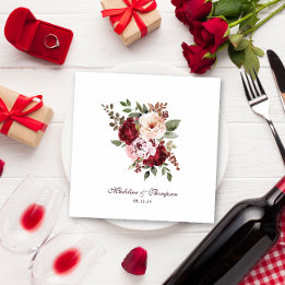 Script Watercolor Burgundy Red Floral Wedding Napkin