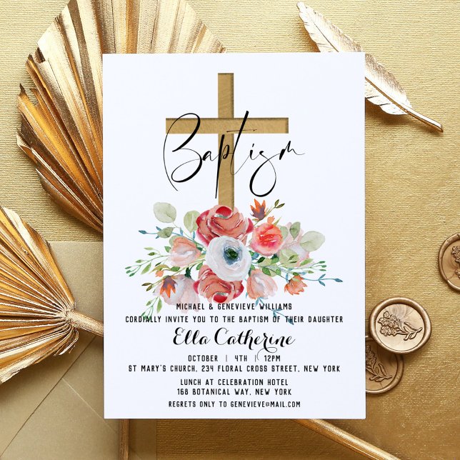 Script Watercolor Floral Cross Baptism Invitation (Creator Uploaded)