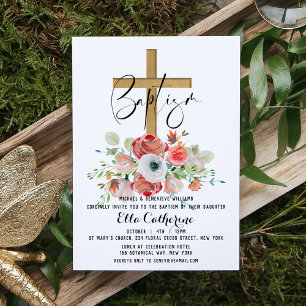 Script Watercolor Floral Cross Baptism Invitation