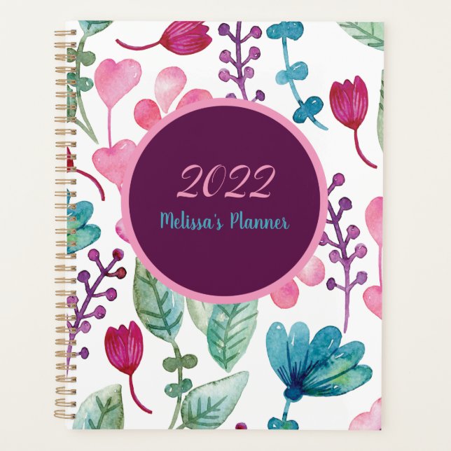 Script Watercolor Floral Pattern Personalise Girly Planner (Front)
