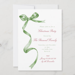 Script Watercolor Green Ribbon Bow Christmas Party Invitation