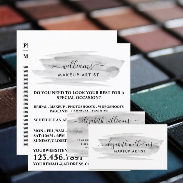 Script Watercolor Grey Brushstroke Makeup Artist Flyer (Creator Uploaded)