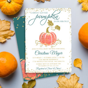 Script Watercolor Pumpkin Glitter Fall Baby Shower Invitation