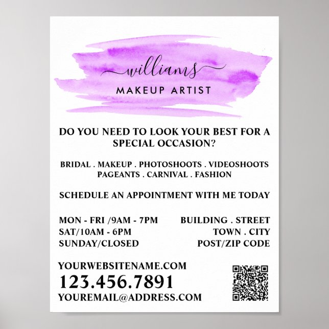 Script Watercolor Purple Brushstroke Makeup Artist Poster (Front)