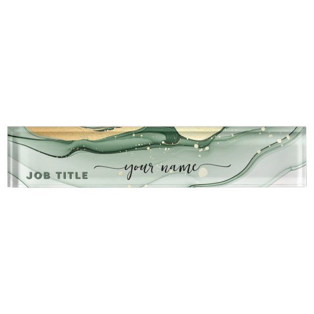 Script Watercolor Sage green Gold  Nameplate (Front)