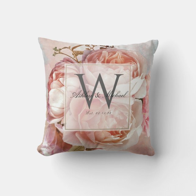 SCRIPT WEDDING MONOGRAM | Pink Roses Peonies Cushion (Front)