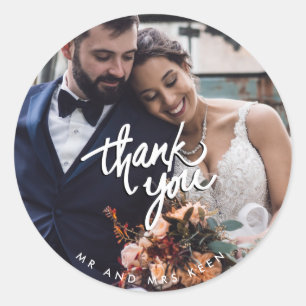 Script Wedding Mr and Mrs Photo Thank You Favour Classic Round Sticker