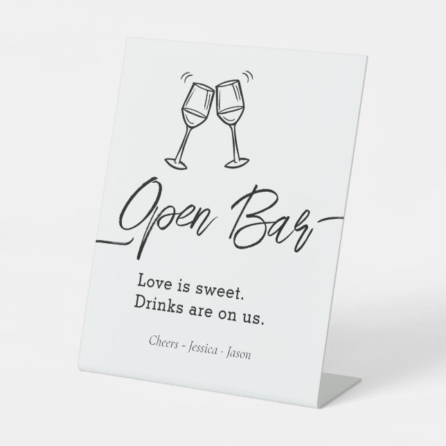 Script Wedding Open Bar Simple Event  Pedestal Sign (Front)