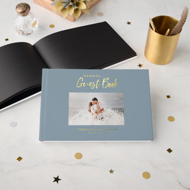 Script Wedding Photo Nautical Blue Wedding Guest Book (Front Open)