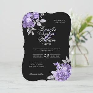 Script Wedding Purple Rustic Floral Black Invitation