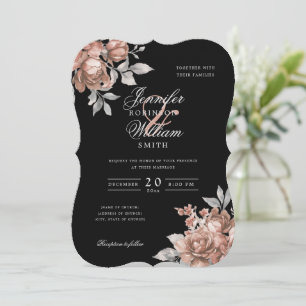 Script Wedding Rose Gold Rustic Floral Black Invitation