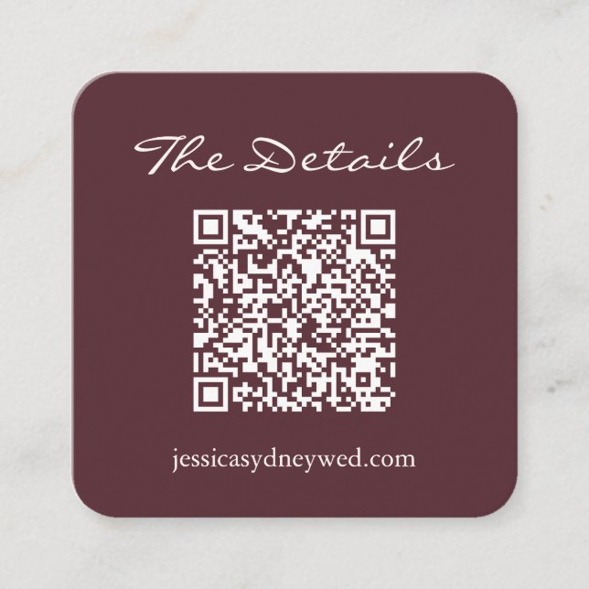 Script Wedding RSVP Details QR Code Burgundy Enclosure Card (Front)