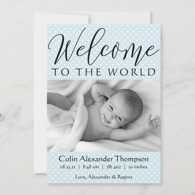 Script Welcome to the World blue polka dot photo Announcement (Front)