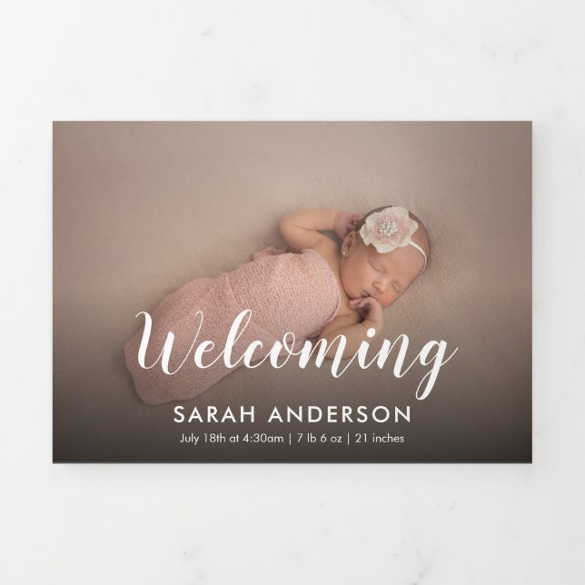 Script Welcoming Baby Photo Tri-Fold Announcement (Cover)