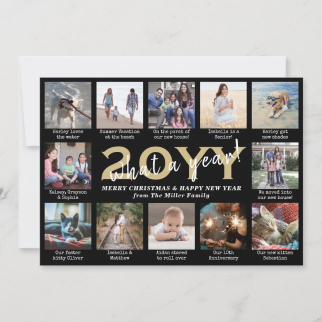 Script What a Year! 12 Photo Collage Black & Gold Holiday Card (Front)