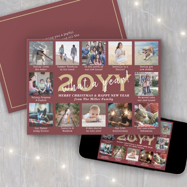 Script What a Year! 12 Photo Collage Burgundy Gold Holiday Card (Creator Uploaded)