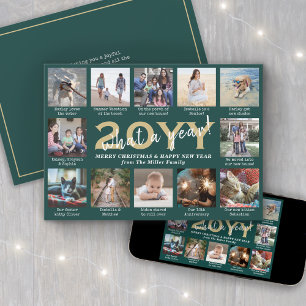 Script What a Year! 12 Photo Collage Green & Gold Holiday Card