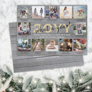 Script What a Year! 12 Photo Collage Grey Wood Holiday Card