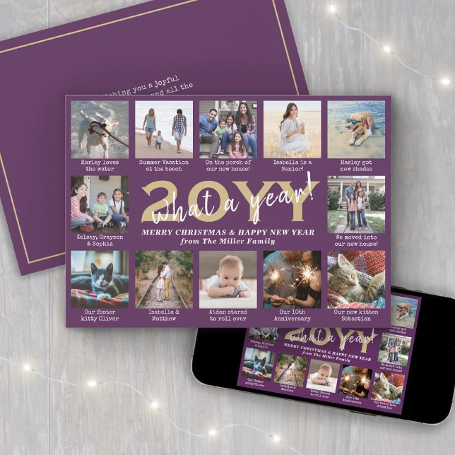 Script What a Year! 12 Photo Collage Purple & Gold Holiday Card (Creator Uploaded)