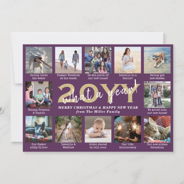 Script What a Year! 12 Photo Collage Purple & Gold Holiday Card (Front)