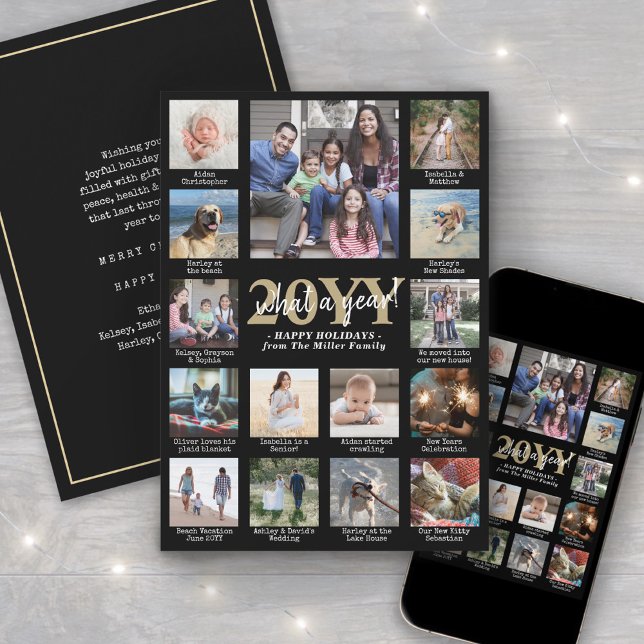 Script What a Year! 15 Photo Collage Black & Gold Holiday Card (Creator Uploaded)