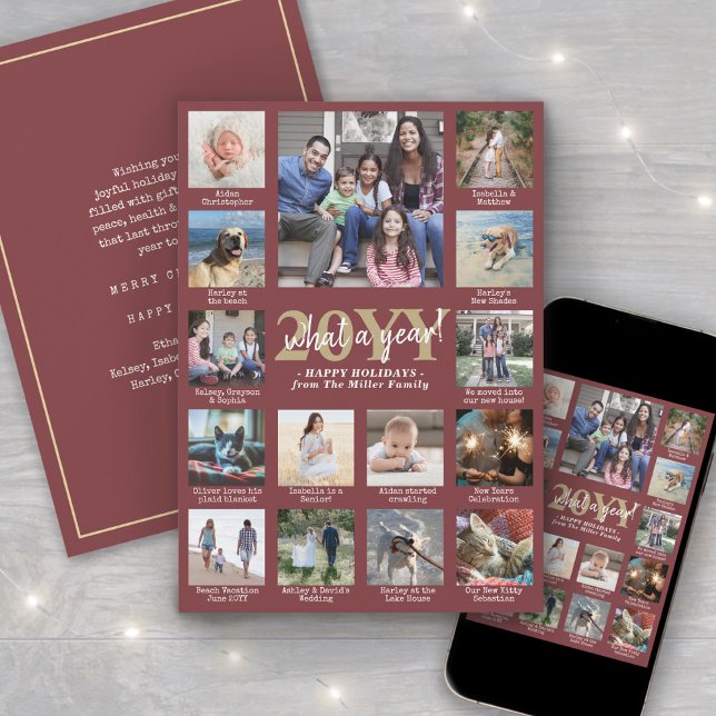 Script What a Year! 15 Photo Collage Burgundy Gold Holiday Card (Creator Uploaded)
