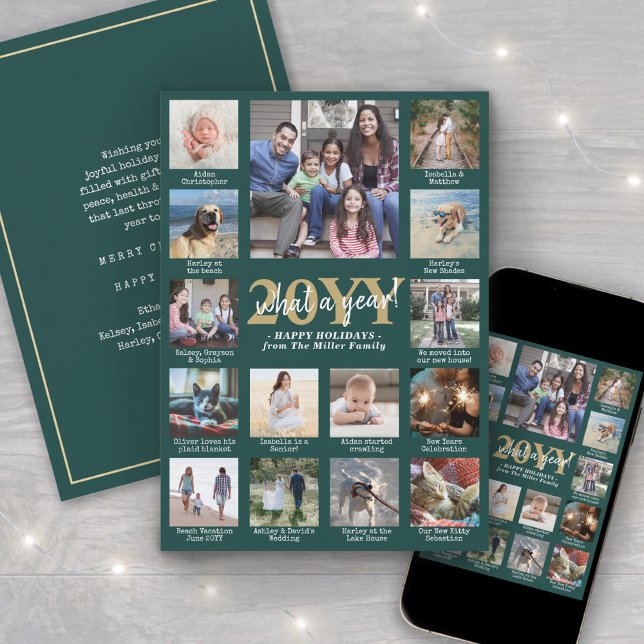 Script What a Year! 15 Photo Collage Green & Gold Holiday Card (Creator Uploaded)